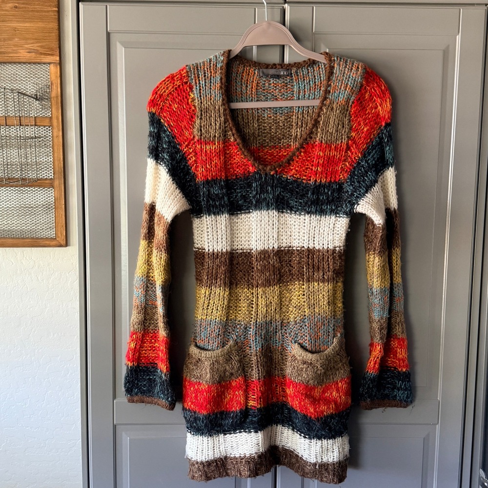 XXI Forever Vintage Y2K Stripe Chunky Knit Sweater Mini Dress, Multi, S